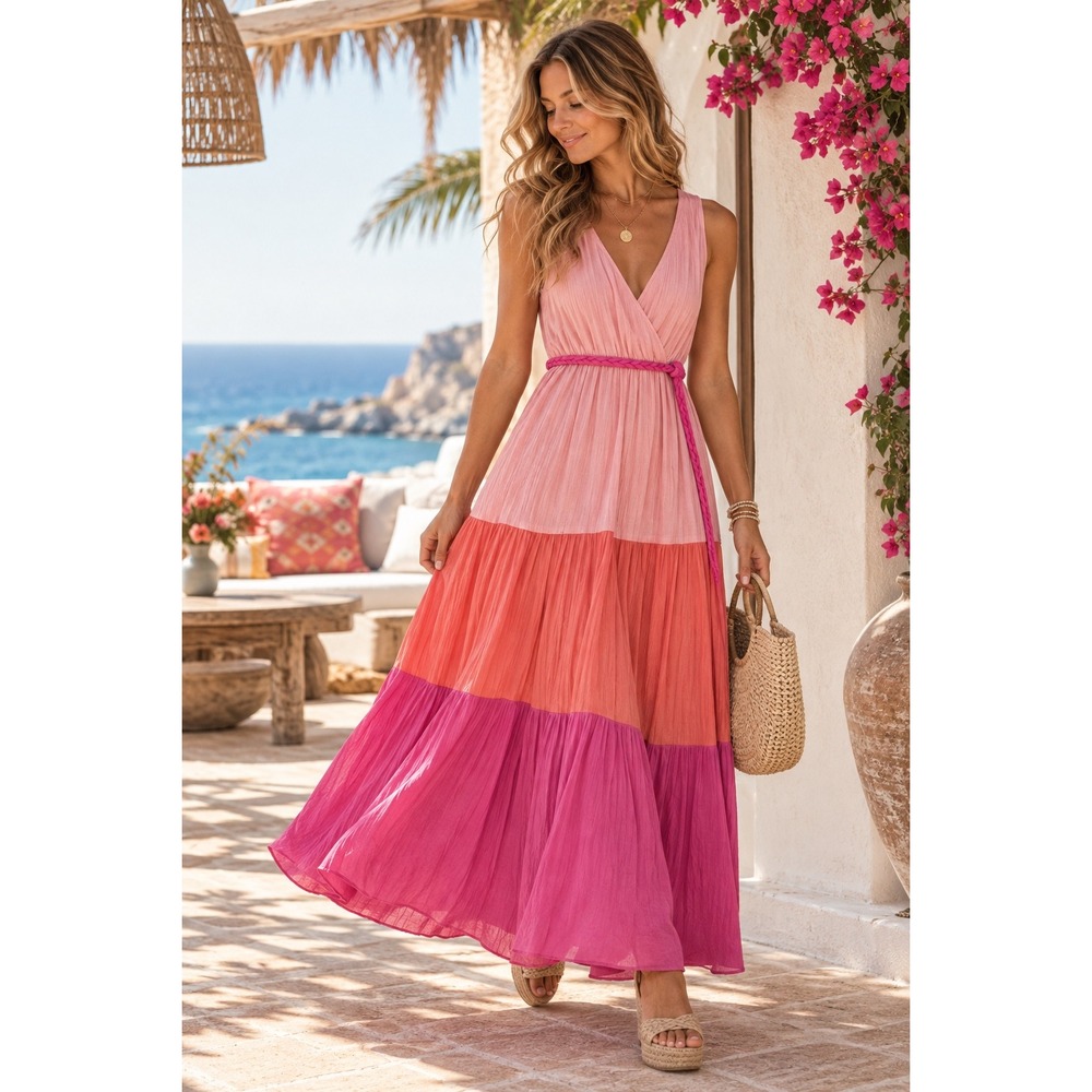 Flying Tomato Pink Coral Colorblock Tiered Maxi Dress Sleeveless Sz M Boho
